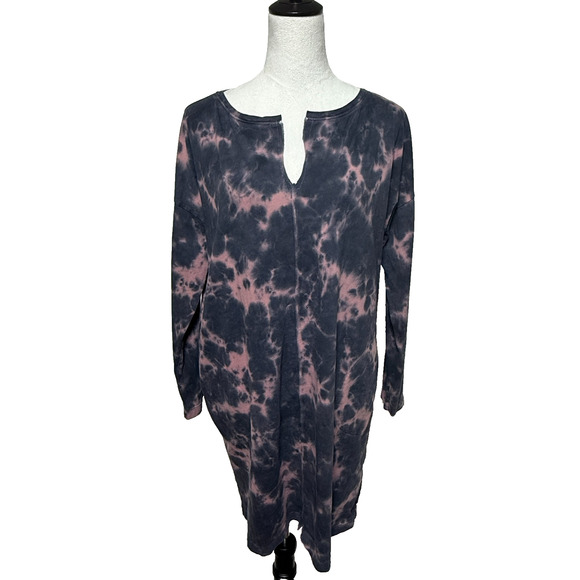 Pure Jill Dress Large Pink Gray Cloud Tie Dye Mini V-Neck Long Sleeve Pullover - Picture 1 of 9